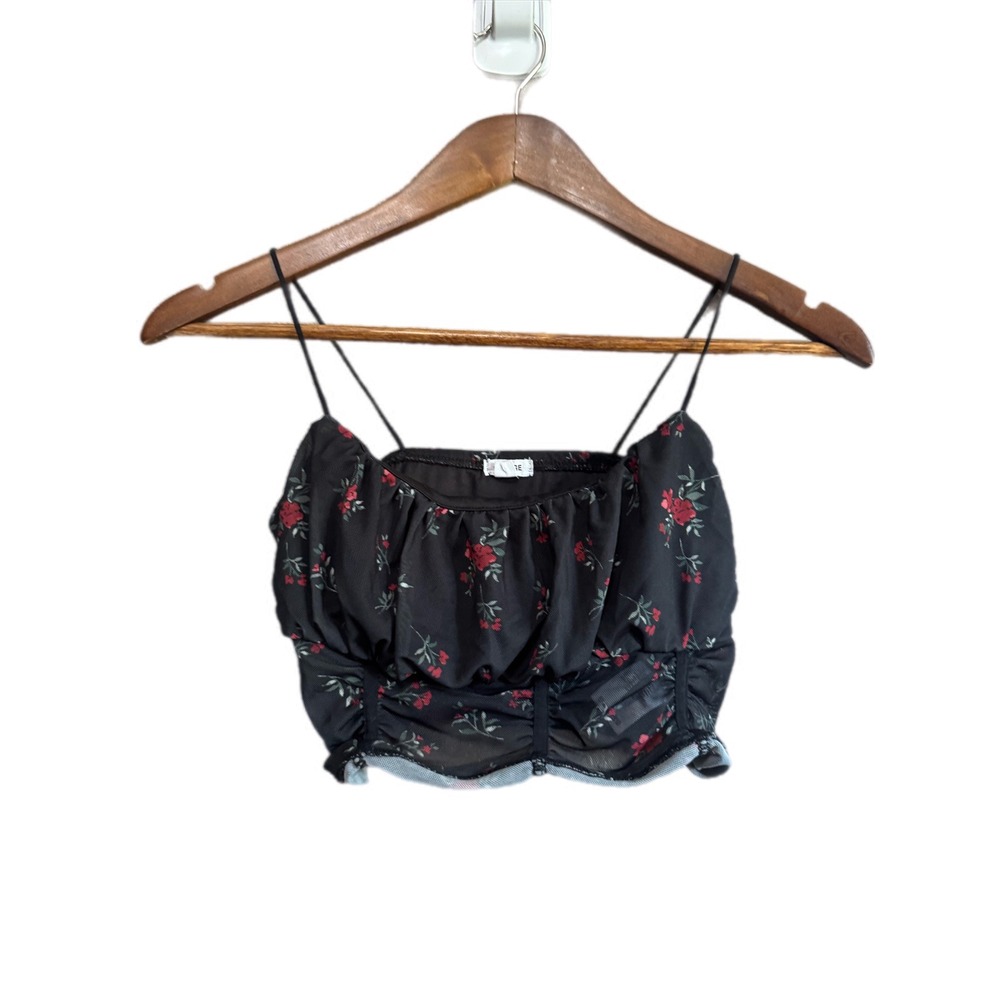 Garage Crop Top Women Small Black Floral Excellent Ruched Mesh Spaghetti Strap
